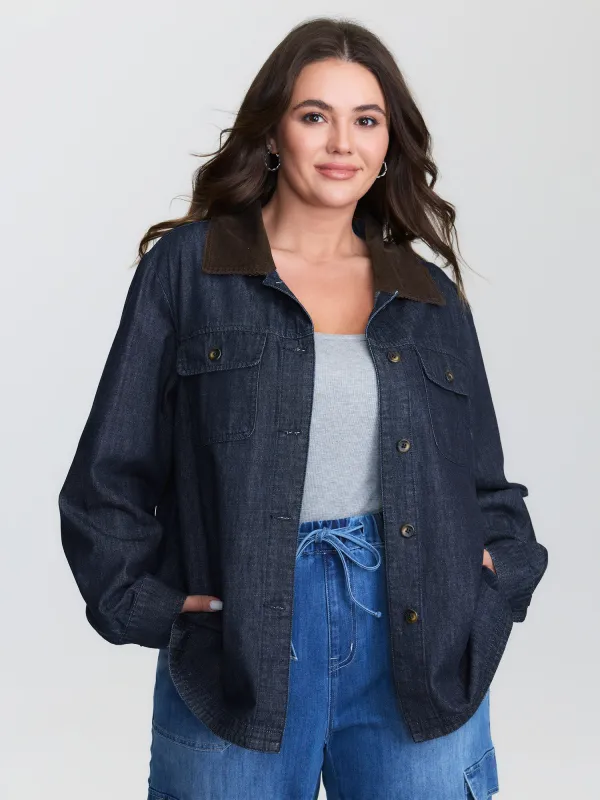 Cotton Contrast Collar Button-Down Denim Top sold by Bloomchic