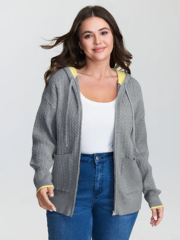 Textured Contrast Hooded Zipper Knit Cardigan sold by Bloomchic