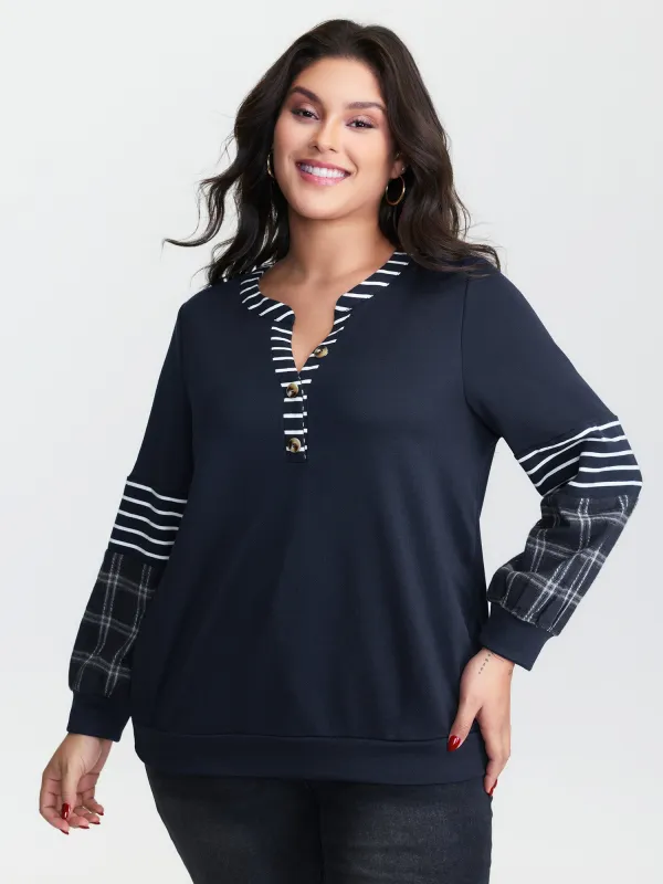 Striped Plaid Split Neckline Sweatshirt sold by Bloomchic