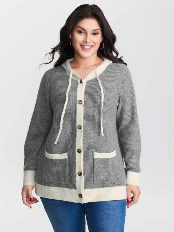 Hooded Colorblock Pockets Button Knit Cardigan sold by Bloomchic