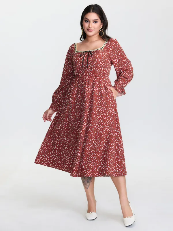 Floral Print Square Neckline Drawstring Midi Dress sold by Bloomchic