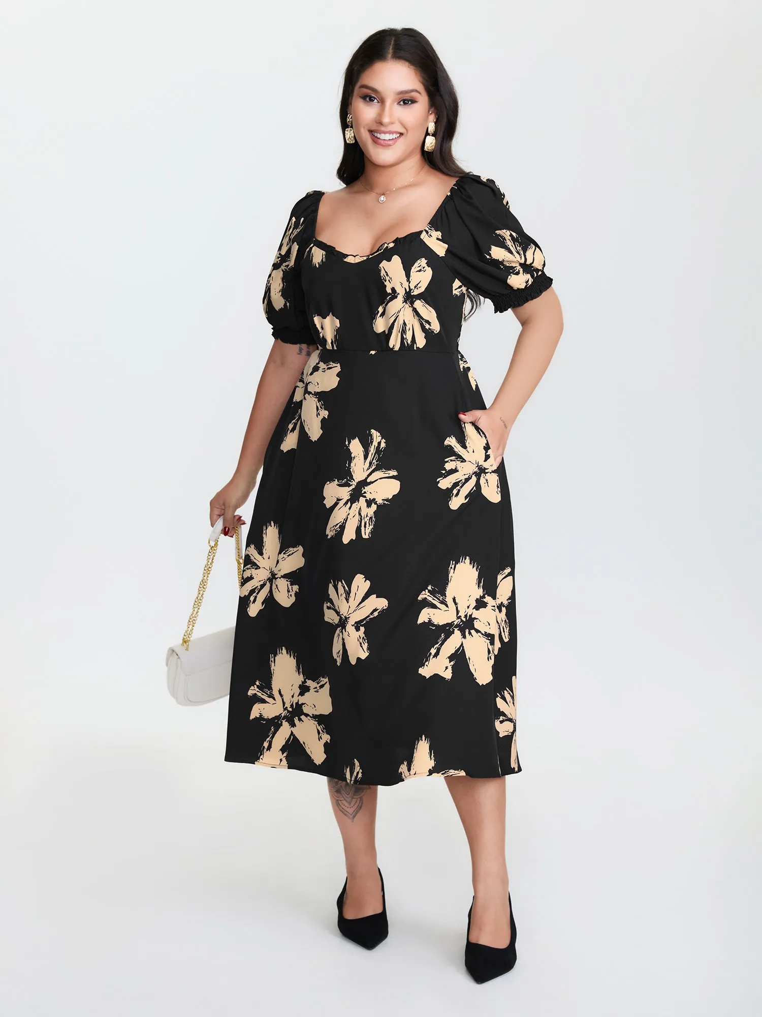 Ruffled Neckline Shirred Midi Dress sold by Bloomchic product image thumbnail 2