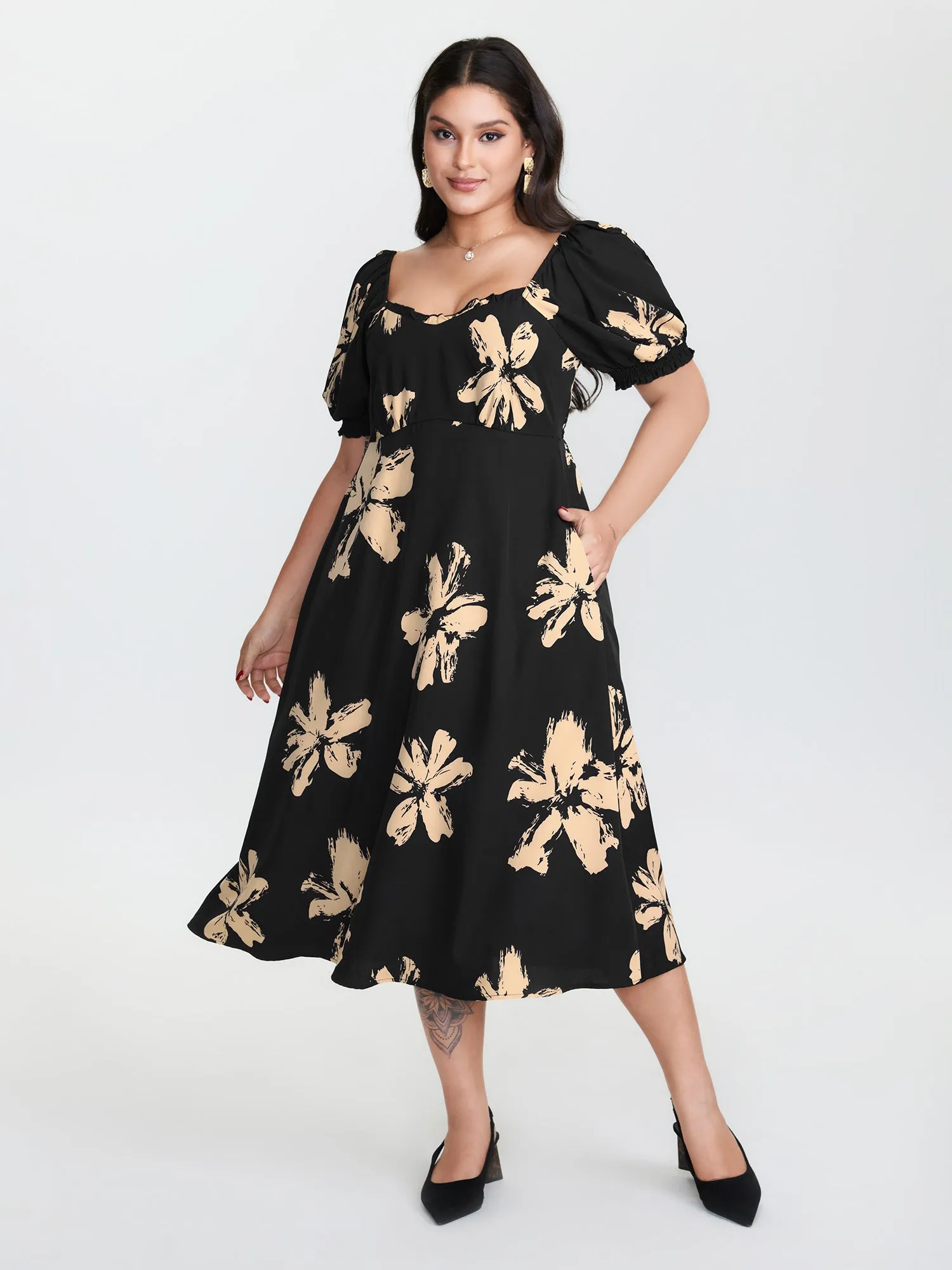 Ruffled Neckline Shirred Midi Dress sold by Bloomchic