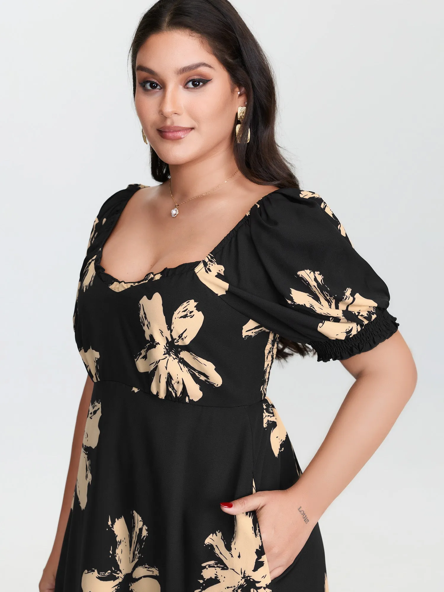 Ruffled Neckline Shirred Midi Dress sold by Bloomchic product image thumbnail 3