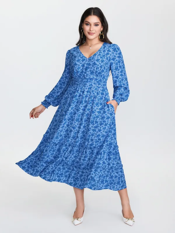 Floral Pleated Waist Button Ruffled Midi Dress sold by Bloomchic