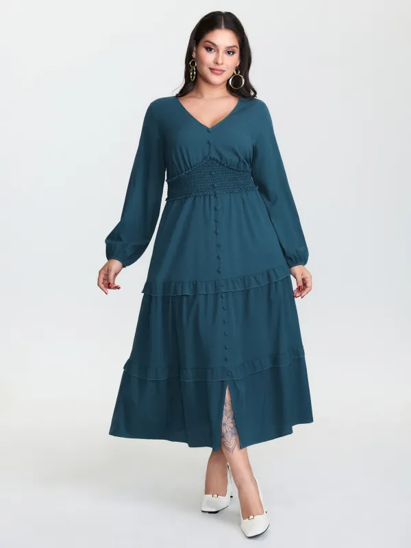 Ruffled Cinched-Waist Button Midi Dress sold by Bloomchic