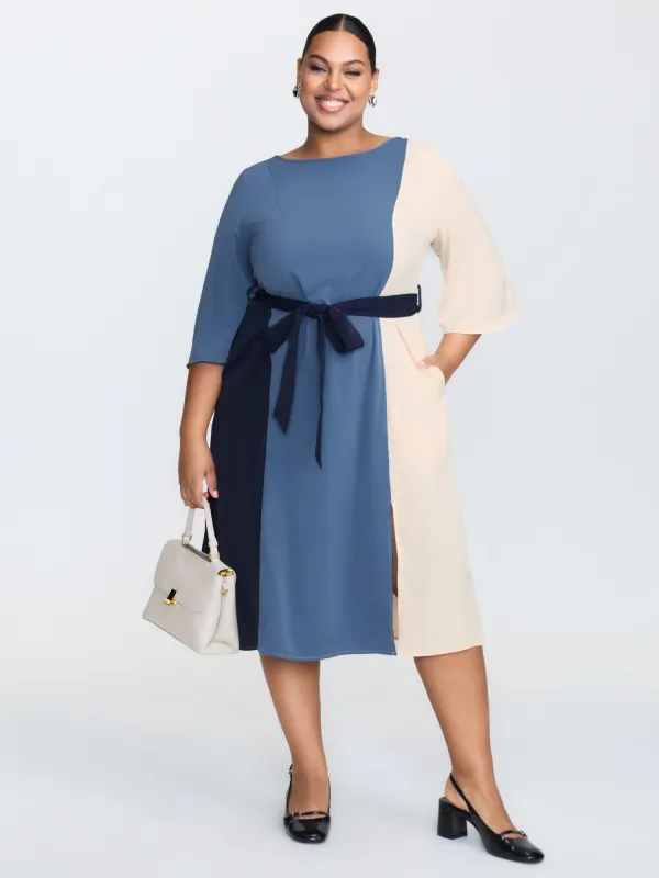 Colorblock Belted Round Neck Midi Dress sold by Bloomchic