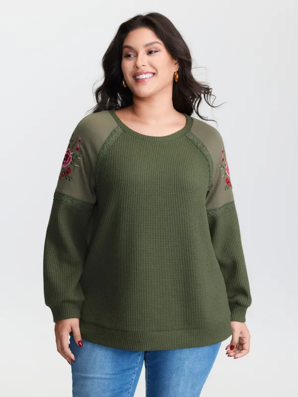 Crossstich Lace Trim Floral Embroidery Sweatshirt sold by Bloomchic