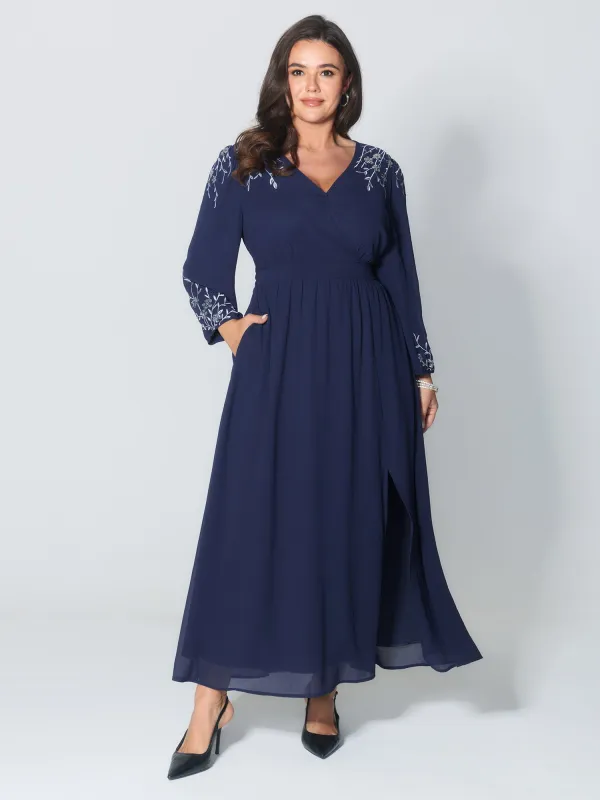 Embroidered Side Slit V-Neck Maxi Dress sold by Bloomchic