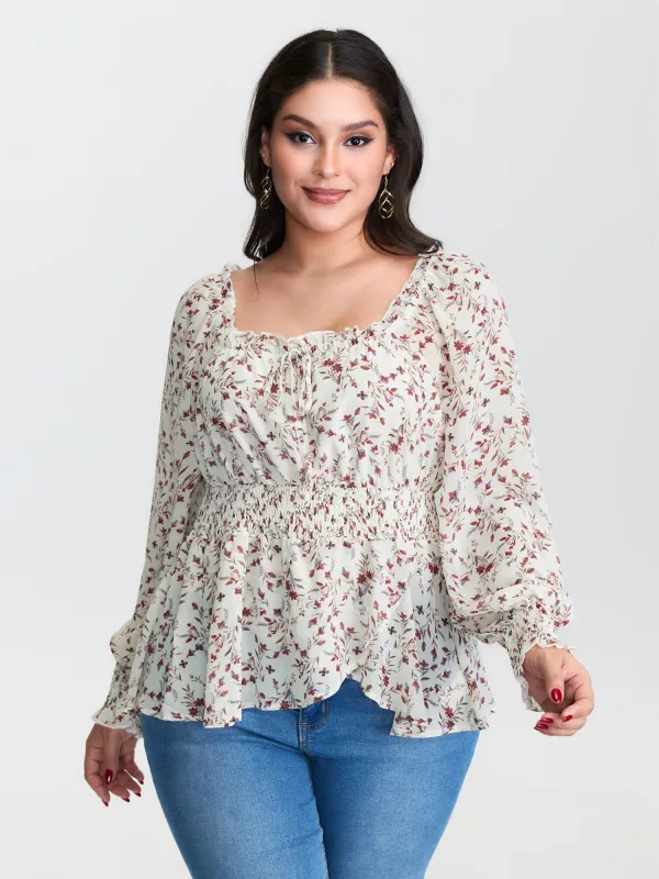 Floral Drawstring Neckline Shirred Blouse sold by Bloomchic