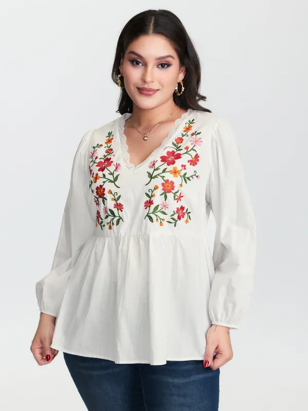 Floral Embroidered Lace Cinched Flared Blouse sold by Bloomchic