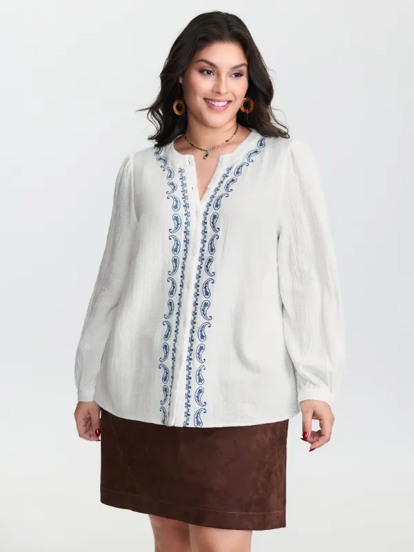 Cotton Textured Embroidered Notched Collar Blouse sold by Bloomchic