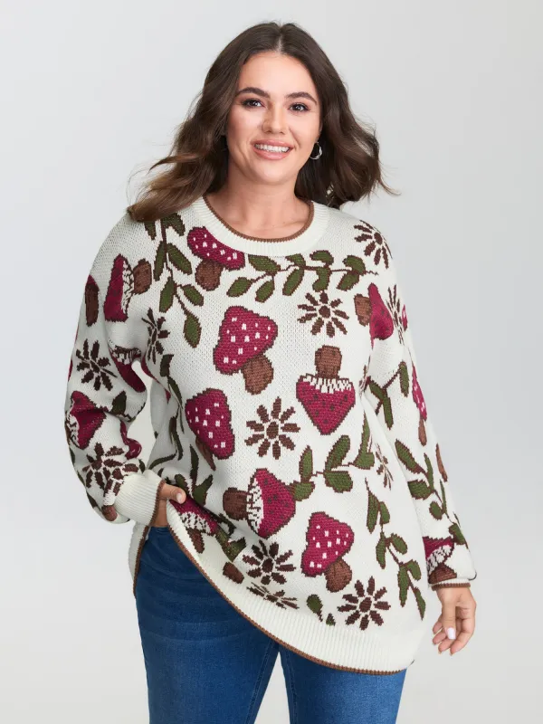 Mushroom Jacquard Color Contrast Pullover sold by Bloomchic