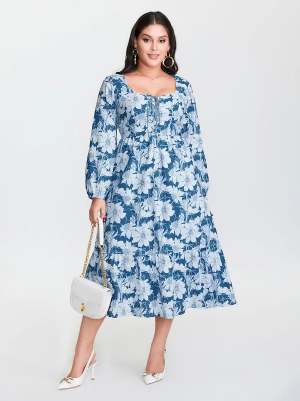 Floral Shirred Drawstring Neckline Midi Dress sold by Bloomchic