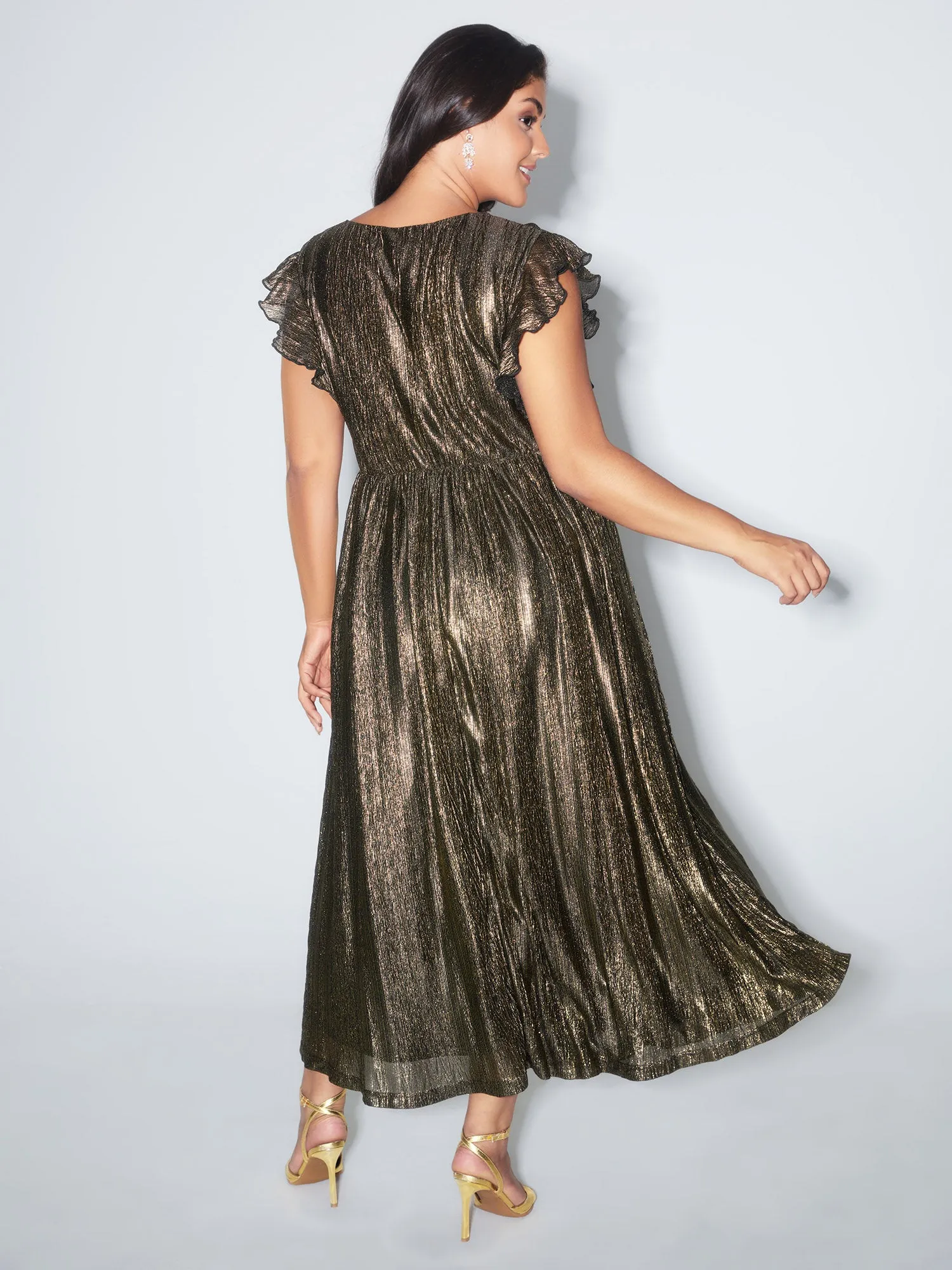 Gold Stamped Ruffled Sleeve Midi Dress sold by Bloomchic product image thumbnail 4