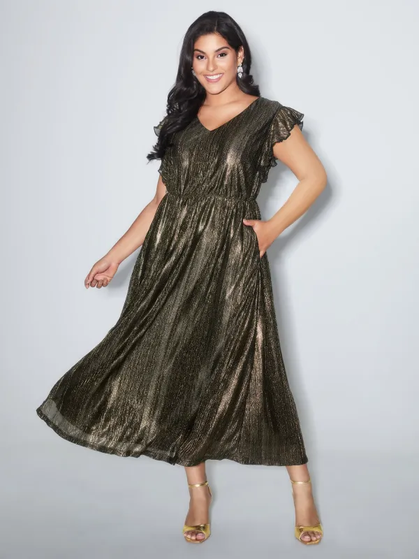 Gold Stamped Ruffled Sleeve Midi Dress sold by Bloomchic