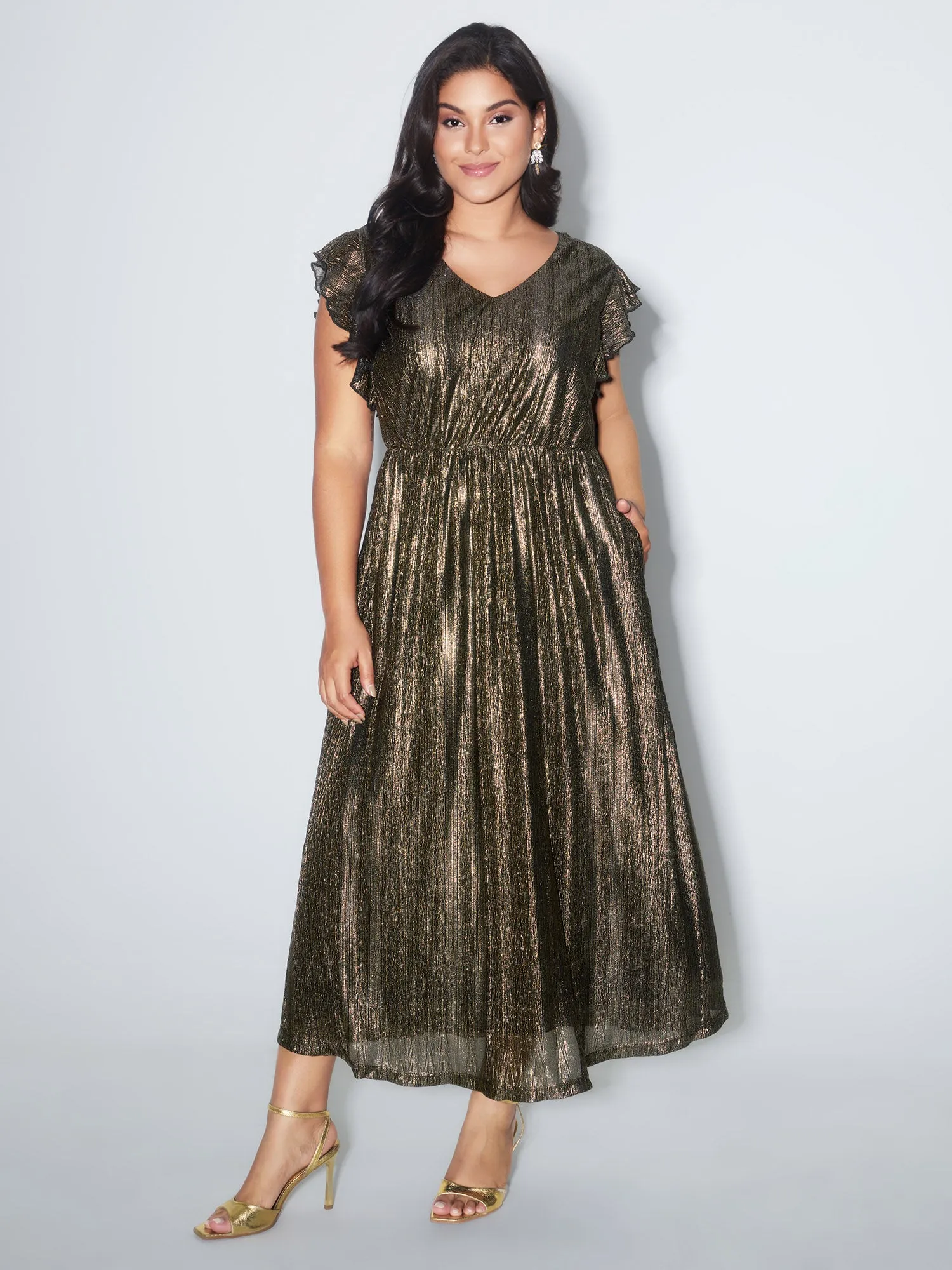Gold Stamped Ruffled Sleeve Midi Dress sold by Bloomchic product image thumbnail 3