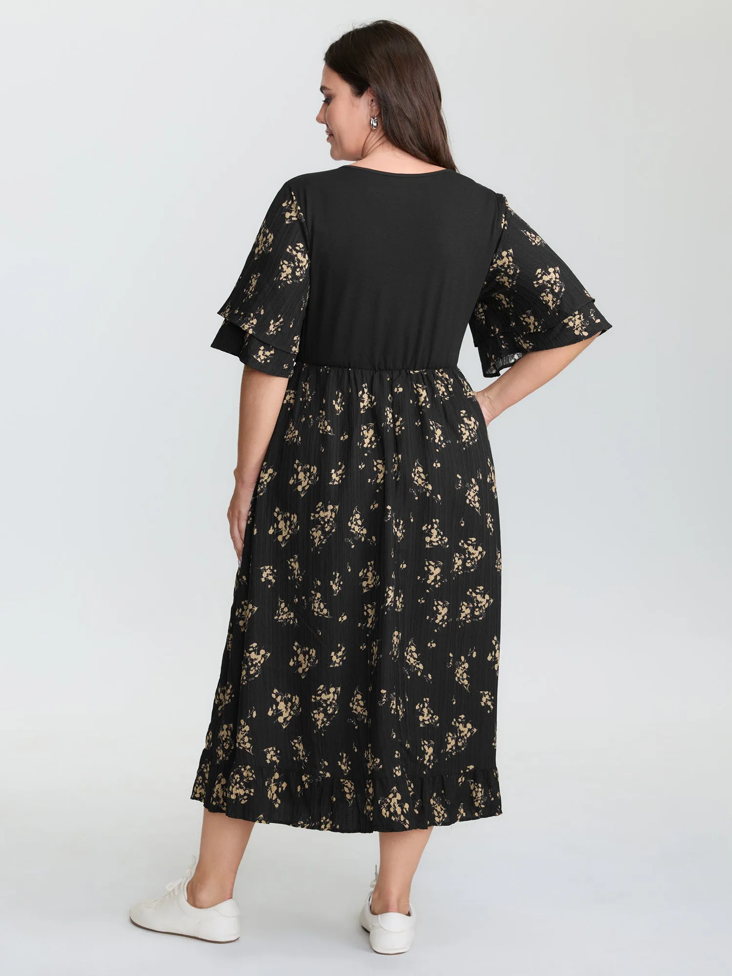 Floral Shirred Color Contrast Midi Dress sold by Bloomchic product image thumbnail 5