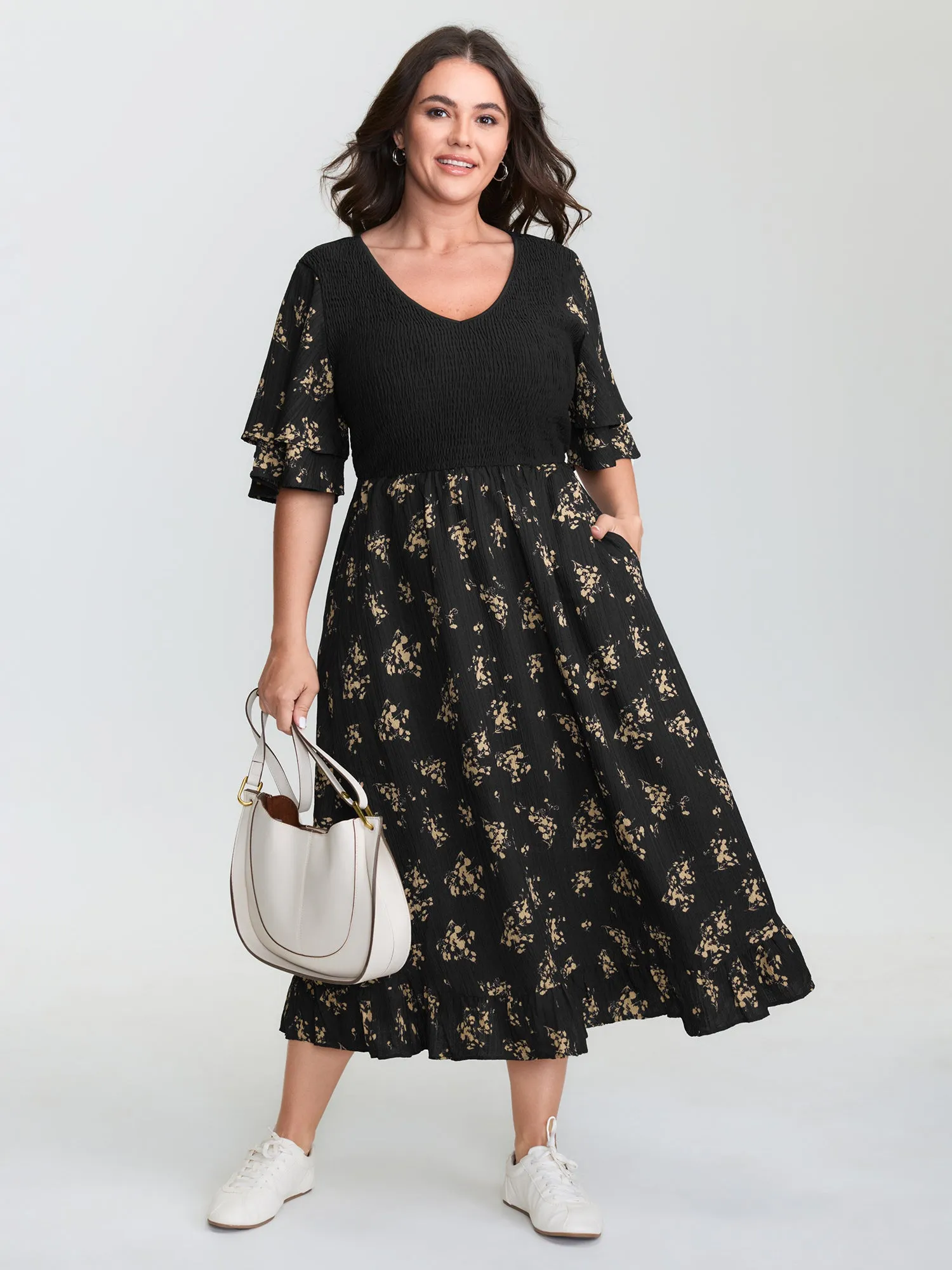 Floral Shirred Color Contrast Midi Dress sold by Bloomchic product image thumbnail 3