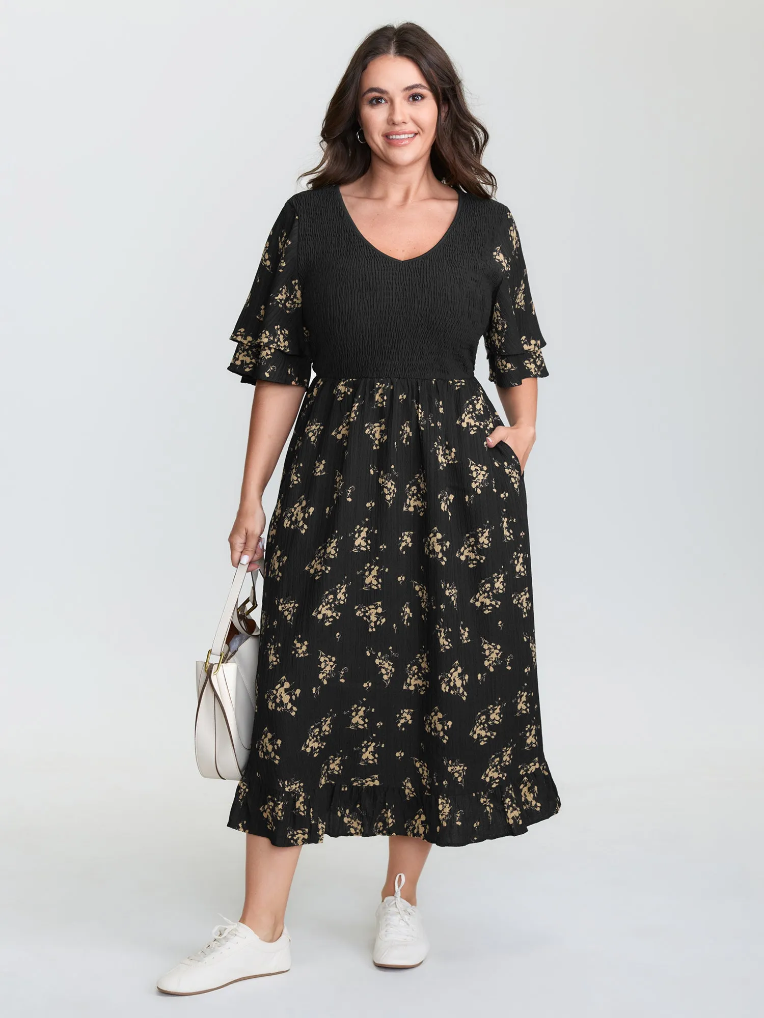 Floral Shirred Color Contrast Midi Dress sold by Bloomchic