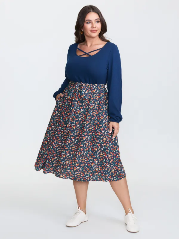 Floral Patchwork Pockets Belted Midi Dress sold by Bloomchic