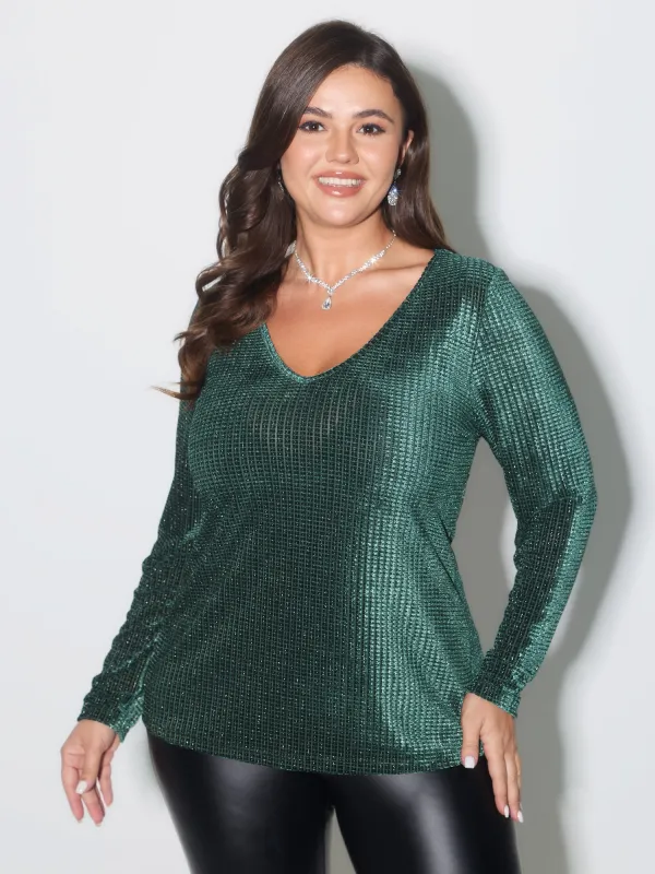 Velvet Knit Jacquard V-Neck Top sold by Bloomchic