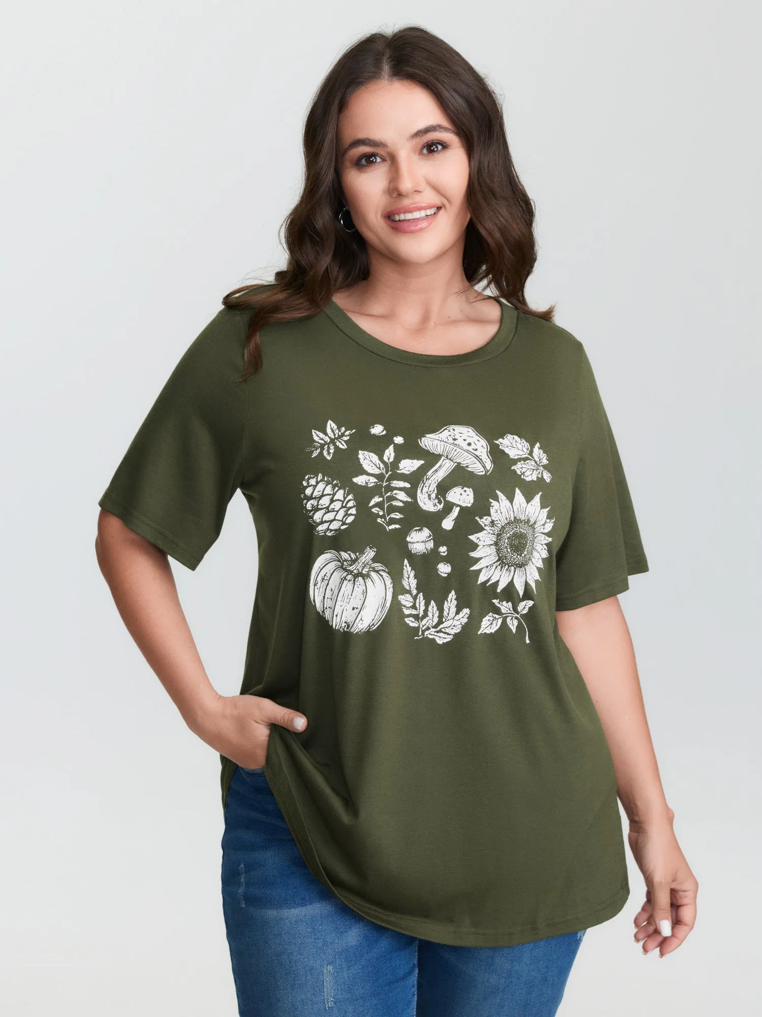 Stretchy Plant Print Round Neck T-Shirt sold by Bloomchic