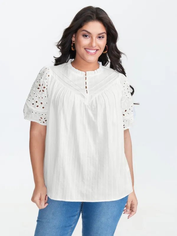 Floral Eyelet Trim Ruffled Neck Blouse sold by Bloomchic