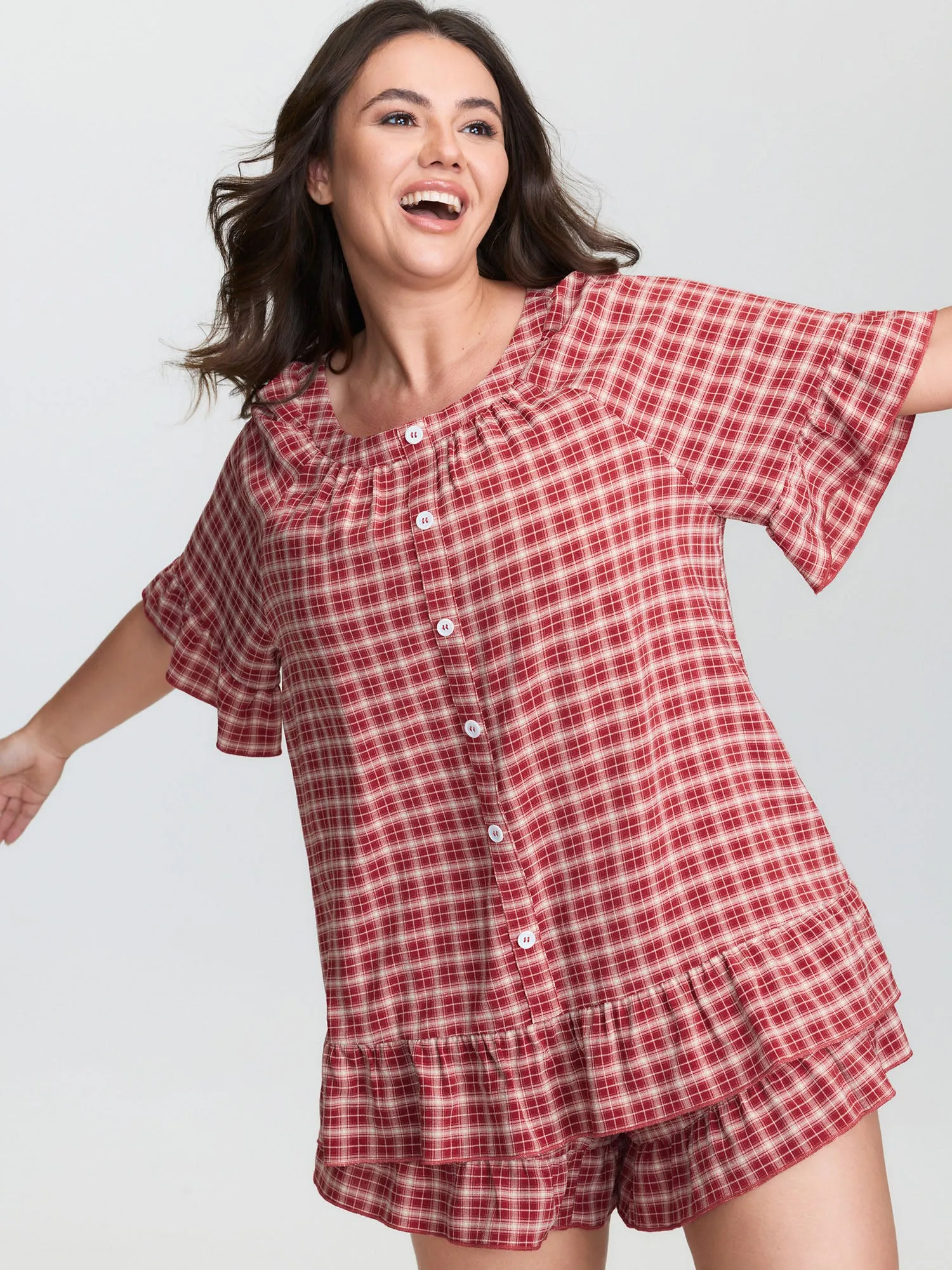 Gingham Pattern Ruffled Hem Co-ord Lounge Set sold by Bloomchic