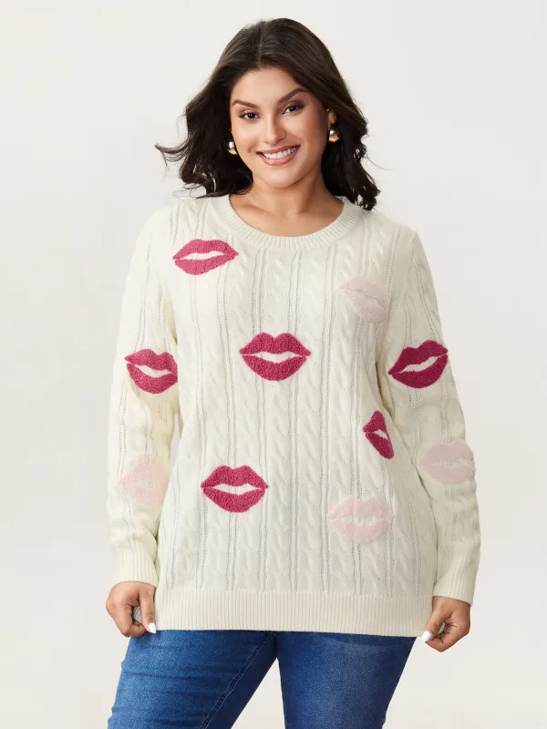 Rosy Lips Embroidery Braided Texture Pullover sold by Bloomchic