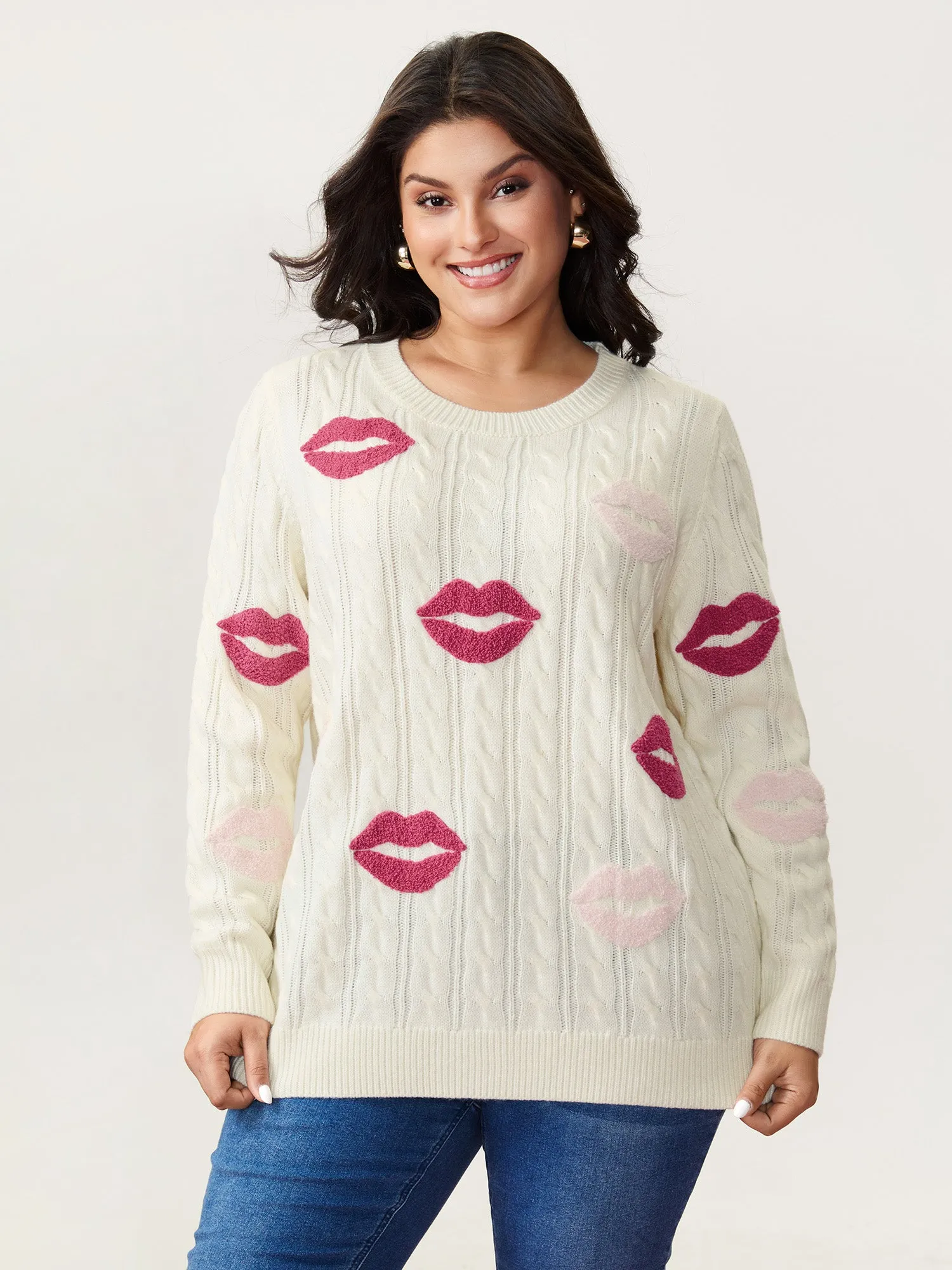Rosy Lips Embroidery Braided Texture Pullover sold by Bloomchic