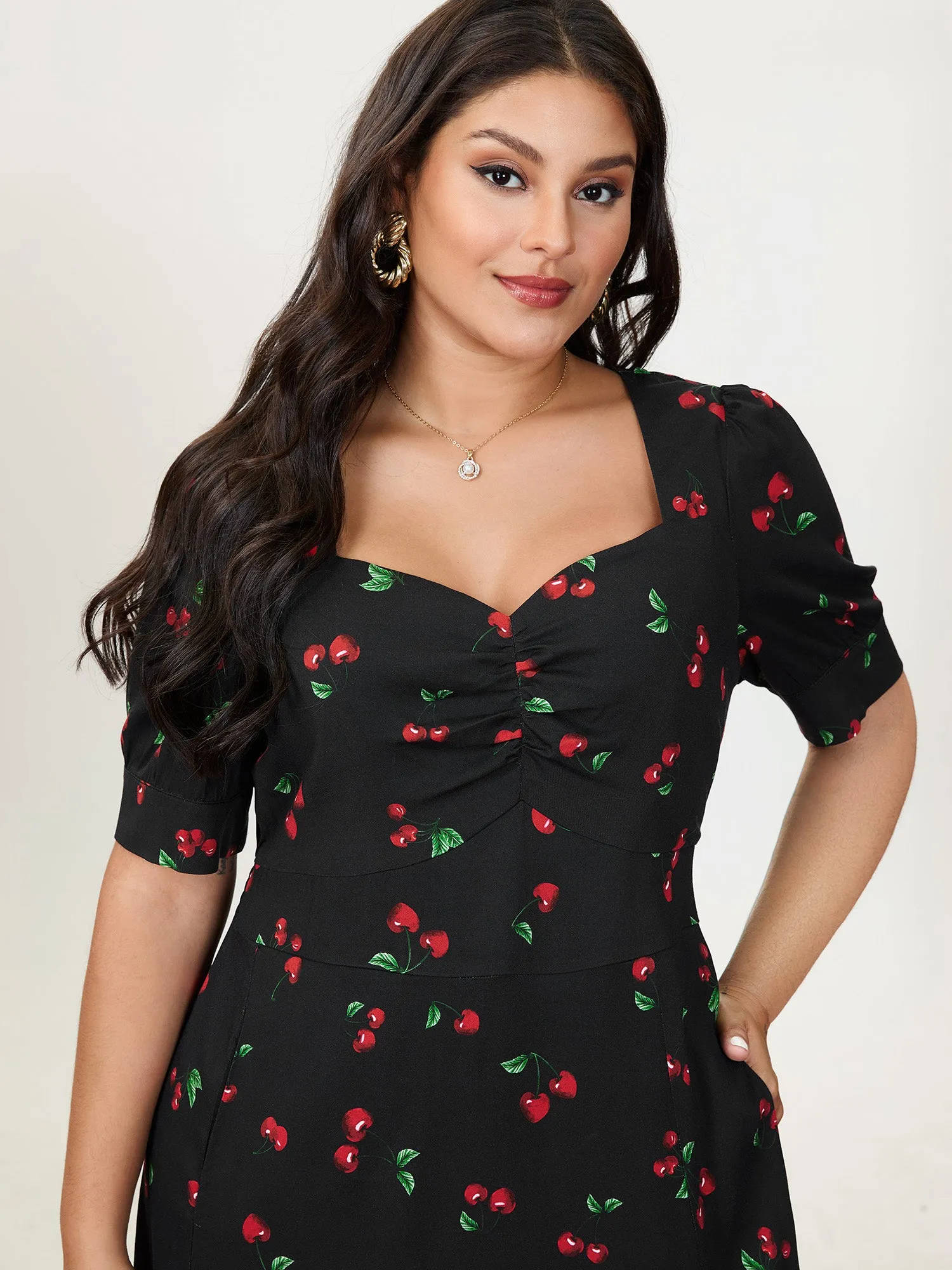 Cherry Print Split Hem Midi Dress sold by Bloomchic product image thumbnail 3