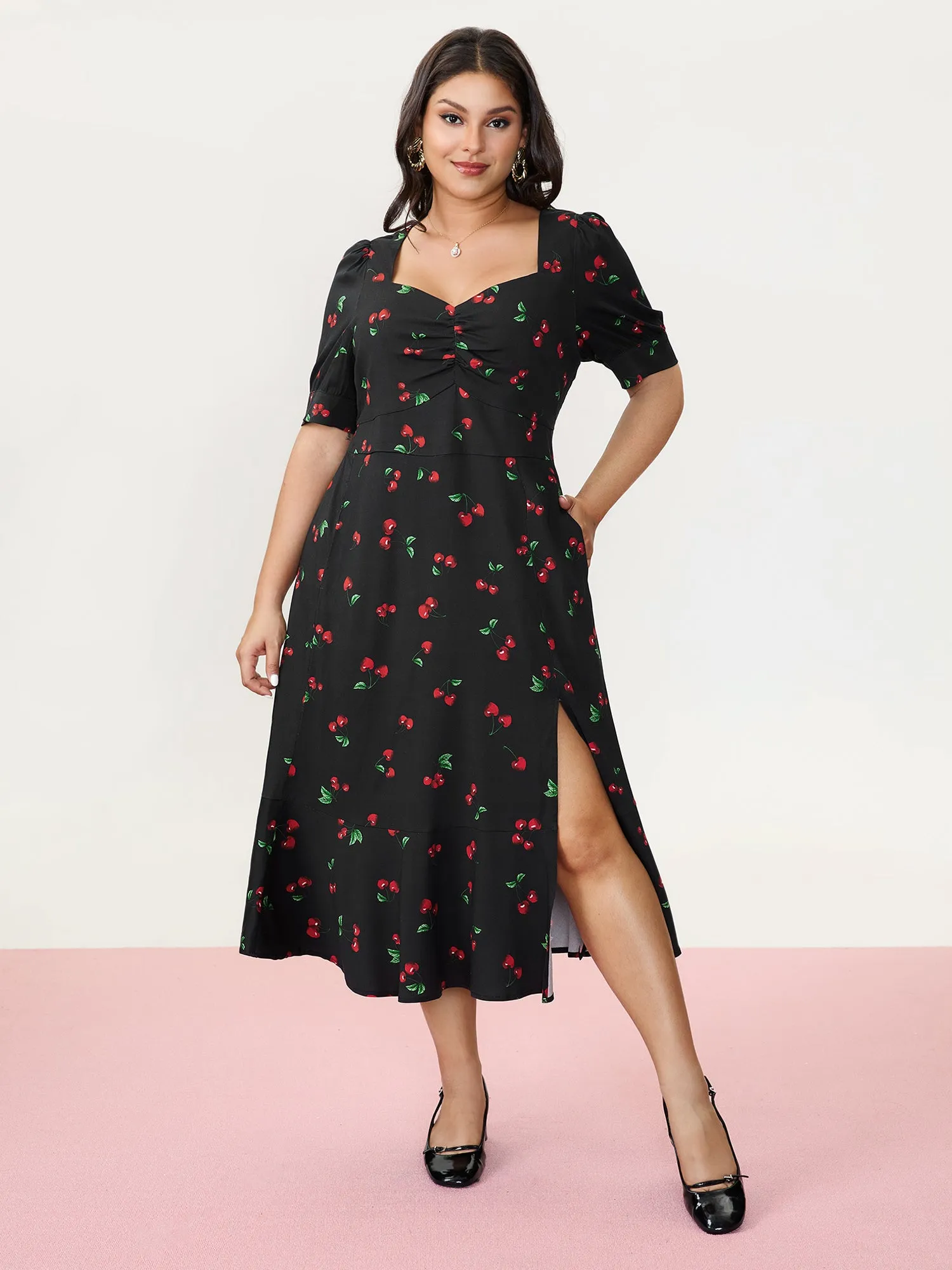 Cherry Print Split Hem Midi Dress sold by Bloomchic
