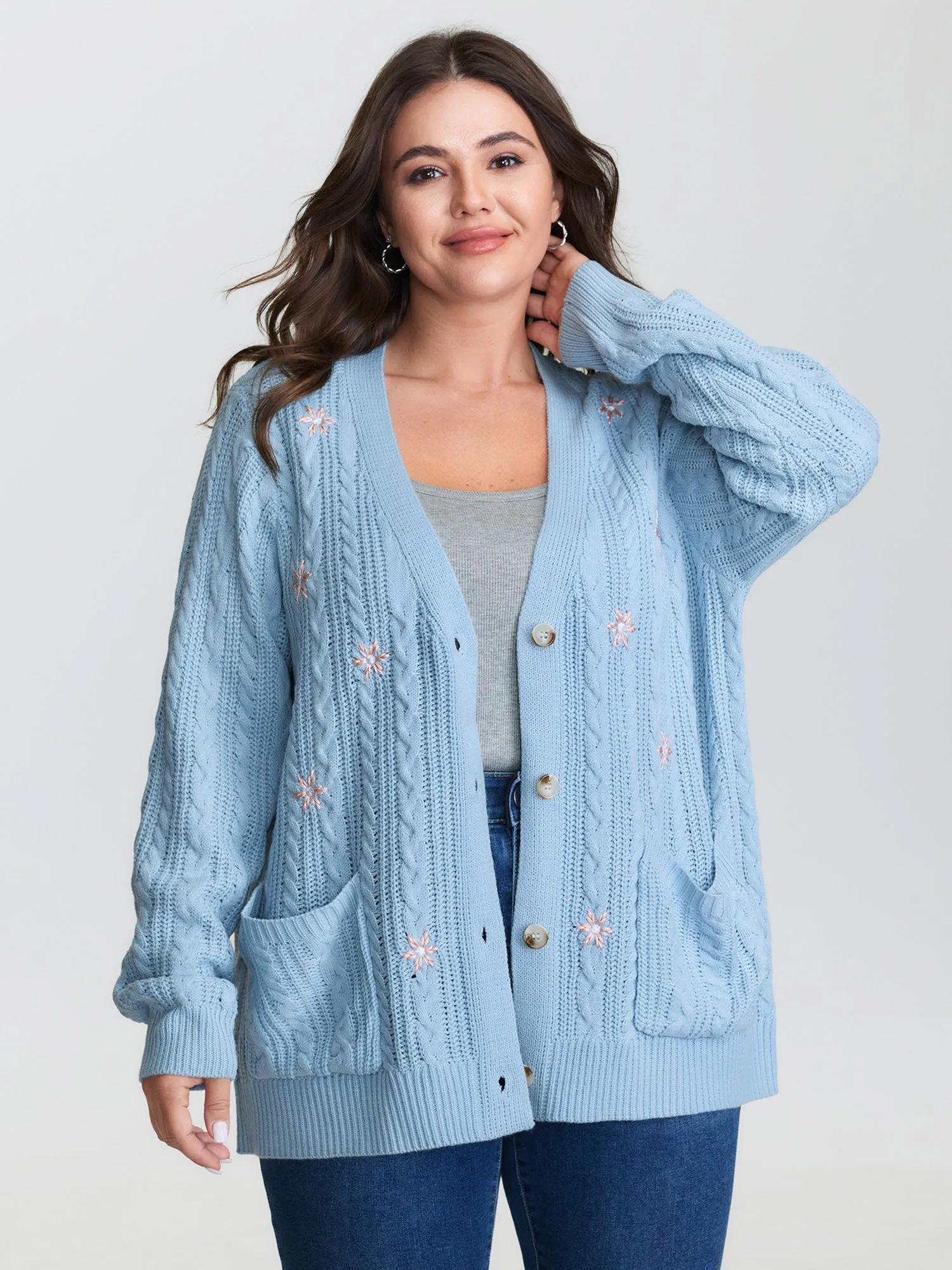 Braided Texture Floral Embroidery Knit Cardigan sold by Bloomchic