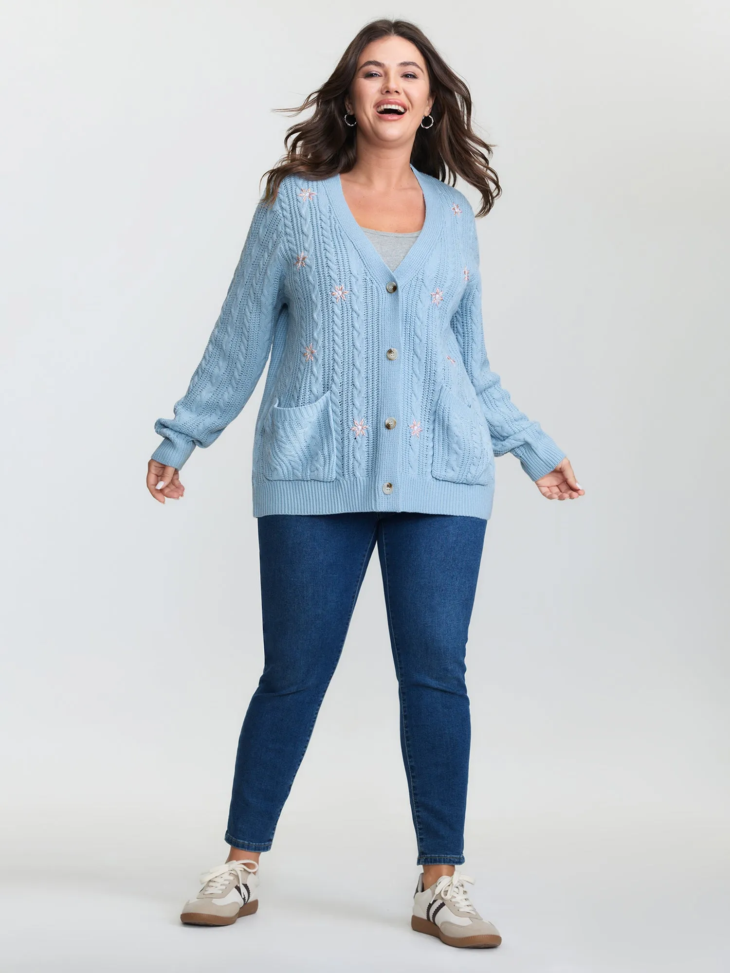 Braided Texture Floral Embroidery Knit Cardigan sold by Bloomchic product image thumbnail 3