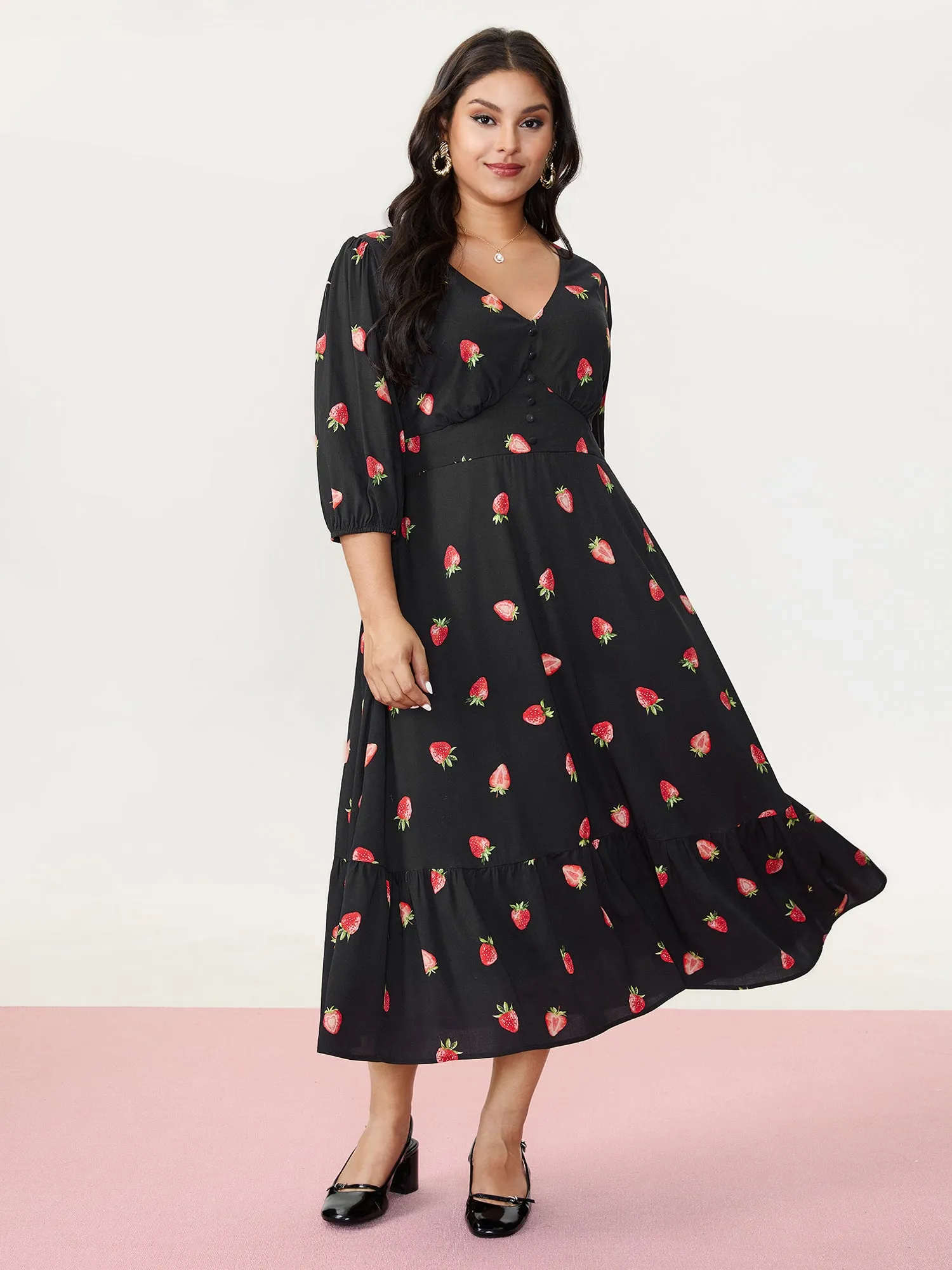 Strawberry Print Shirred Waist Midi Dress sold by Bloomchic