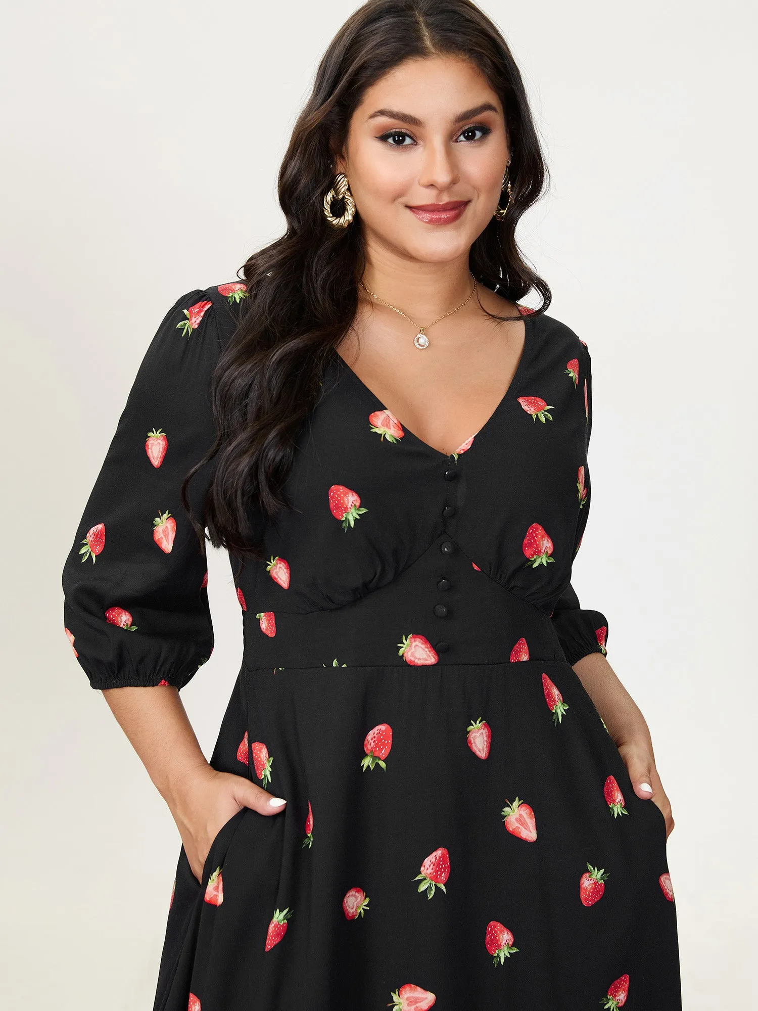 Strawberry Print Shirred Waist Midi Dress sold by Bloomchic product image thumbnail 2