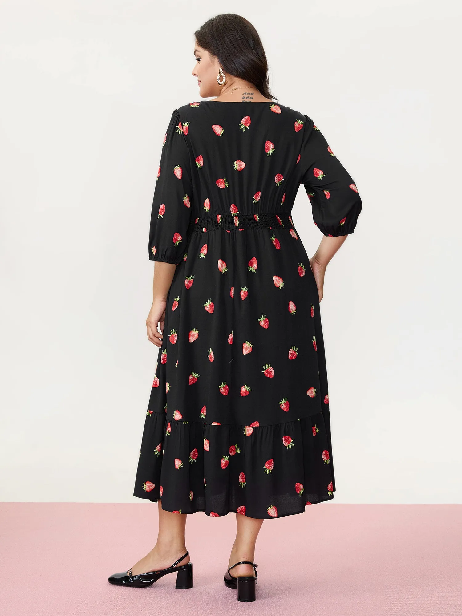 Strawberry Print Shirred Waist Midi Dress sold by Bloomchic product image thumbnail 4