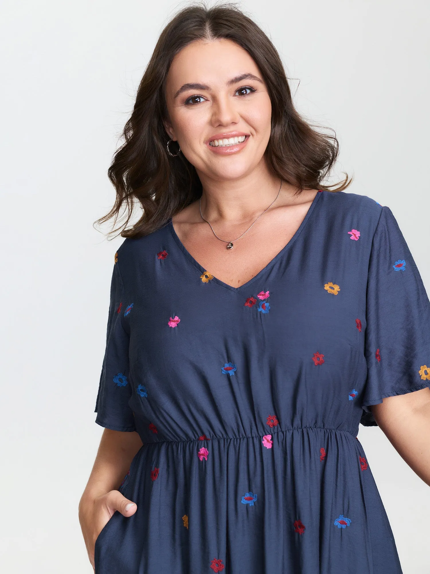 Colorful Floral Embroidery V-Neck Midi Dress sold by Bloomchic product image thumbnail 2