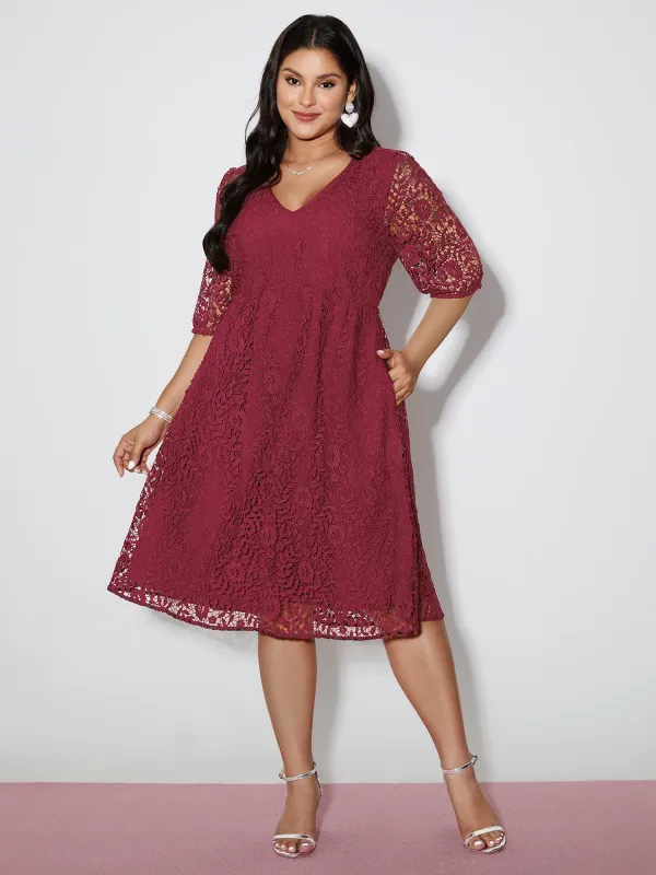 Romantic Lace Trim Puff Sleeve Midi Dress sold by Bloomchic