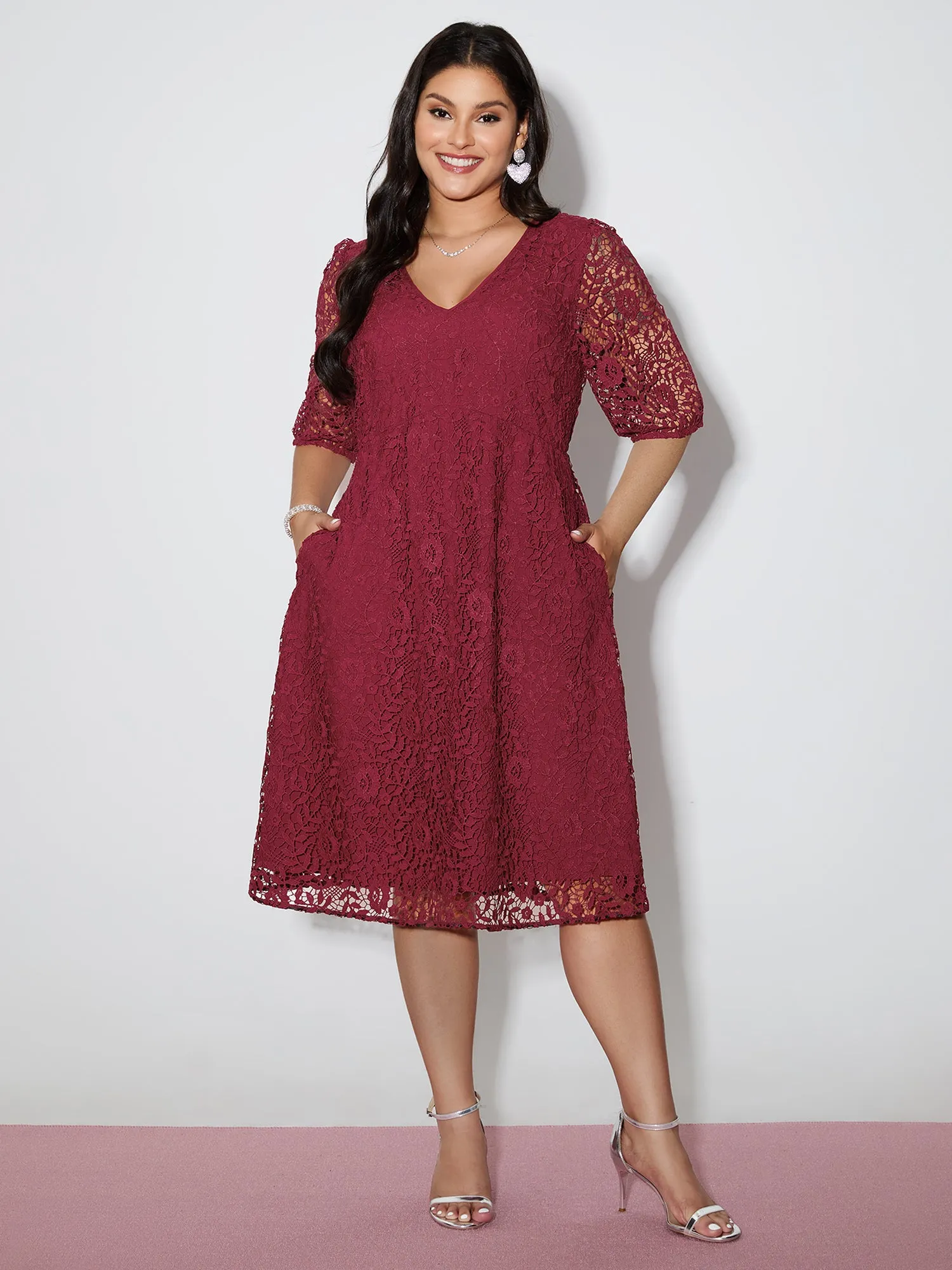 Romantic Lace Trim Puff Sleeve Midi Dress sold by Bloomchic product image thumbnail 2