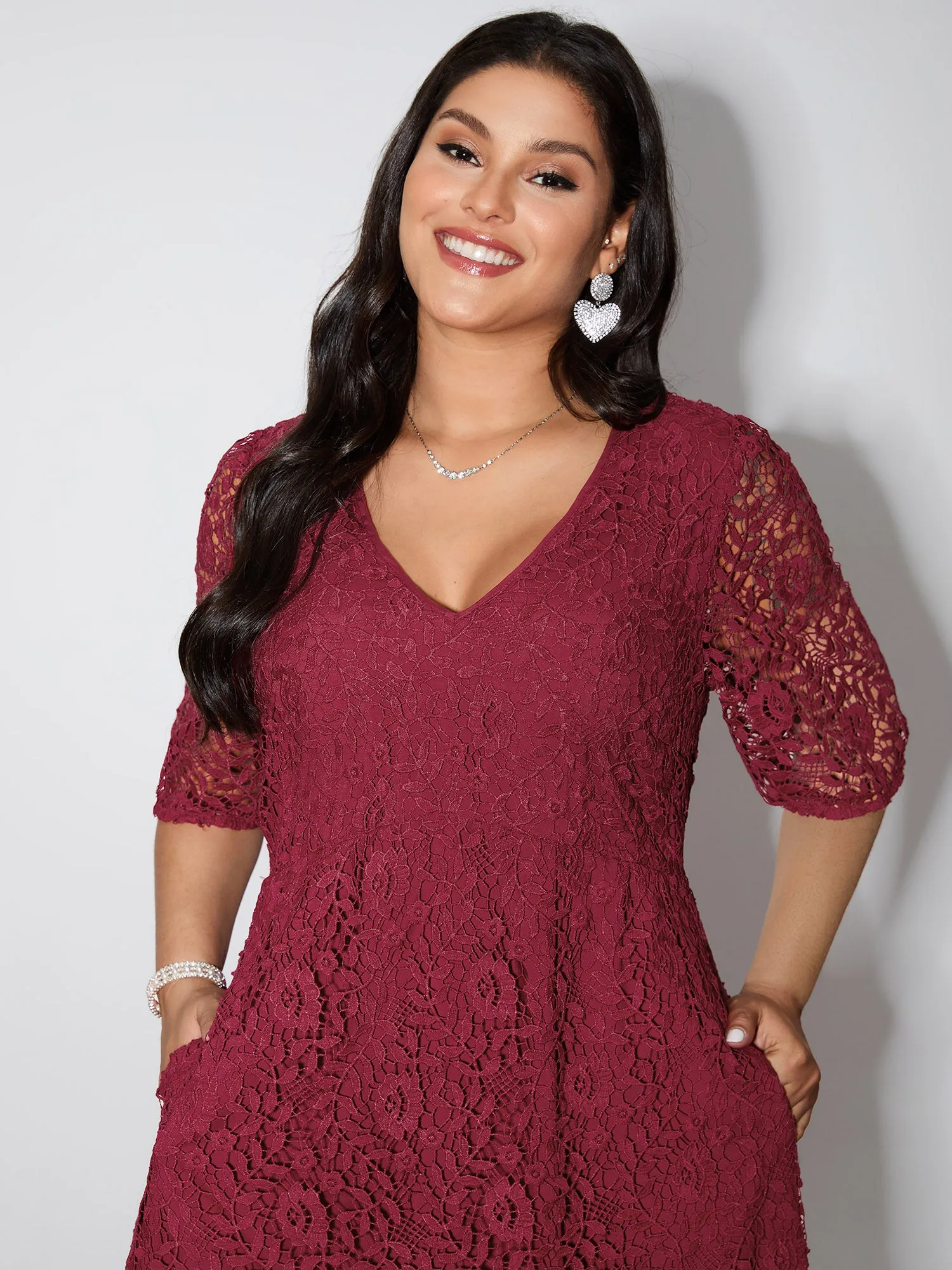 Romantic Lace Trim Puff Sleeve Midi Dress sold by Bloomchic product image thumbnail 3