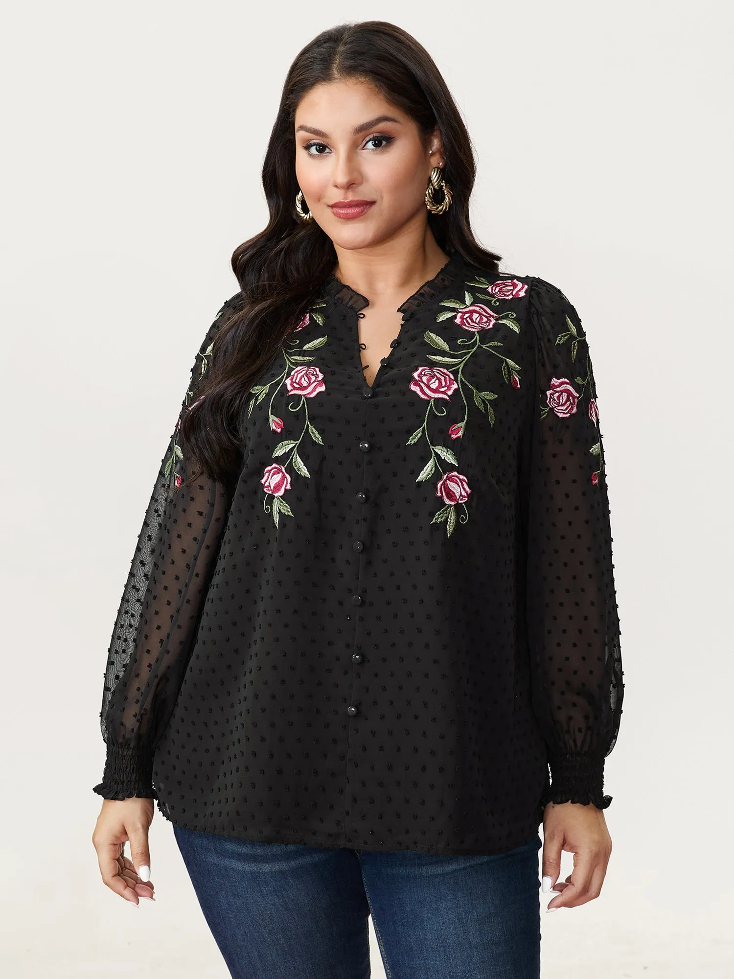 Rose Embroidered Textured Sheer Blouse sold by Bloomchic