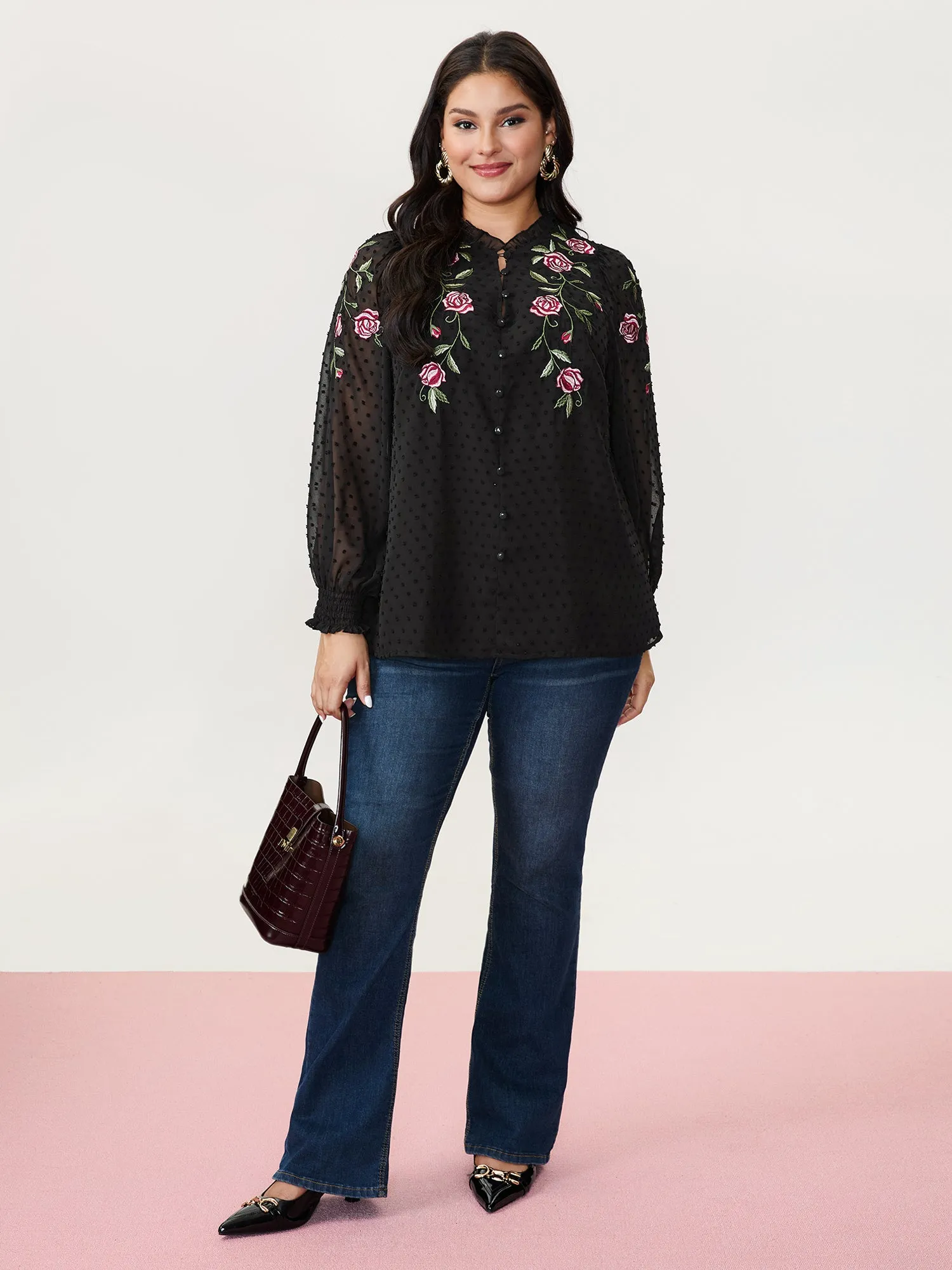 Rose Embroidered Textured Sheer Blouse sold by Bloomchic product image thumbnail 2