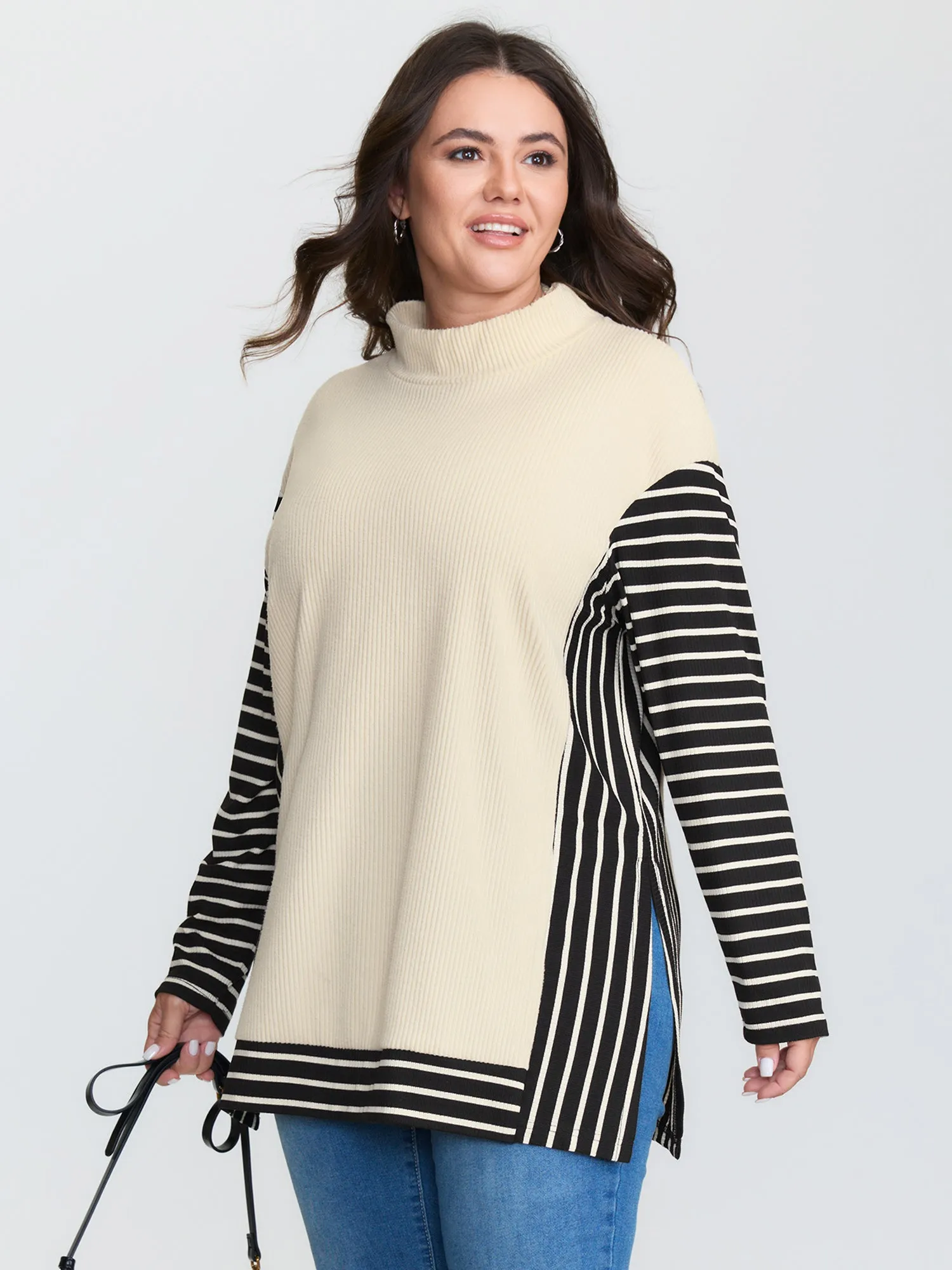 Striped Color Contrast Mockneck T-Shirt sold by Bloomchic