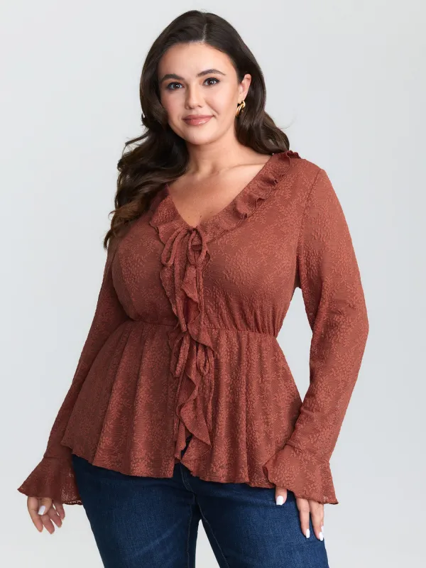 Ruffled Edge Lace Trim Tie Blouse sold by Bloomchic