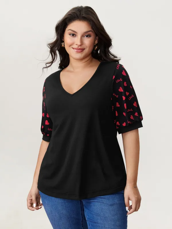 Heart Print Stretchy V-Neck T-Shirt sold by Bloomchic