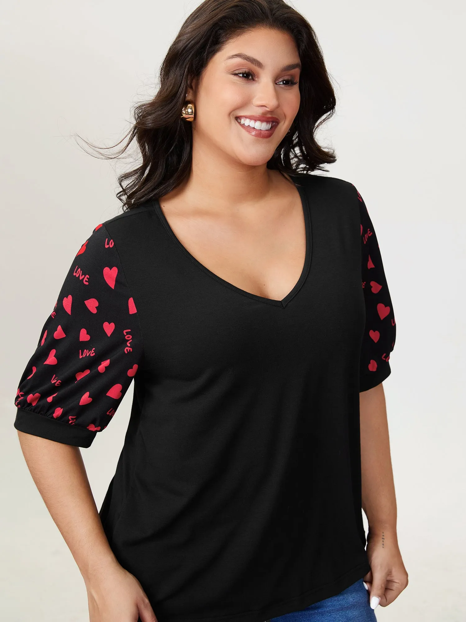 Heart Print Stretchy V-Neck T-Shirt sold by Bloomchic product image thumbnail 3