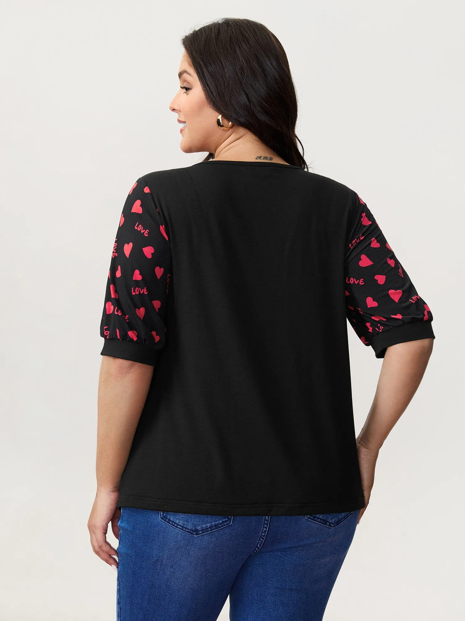 Heart Print Stretchy V-Neck T-Shirt sold by Bloomchic product image thumbnail 4