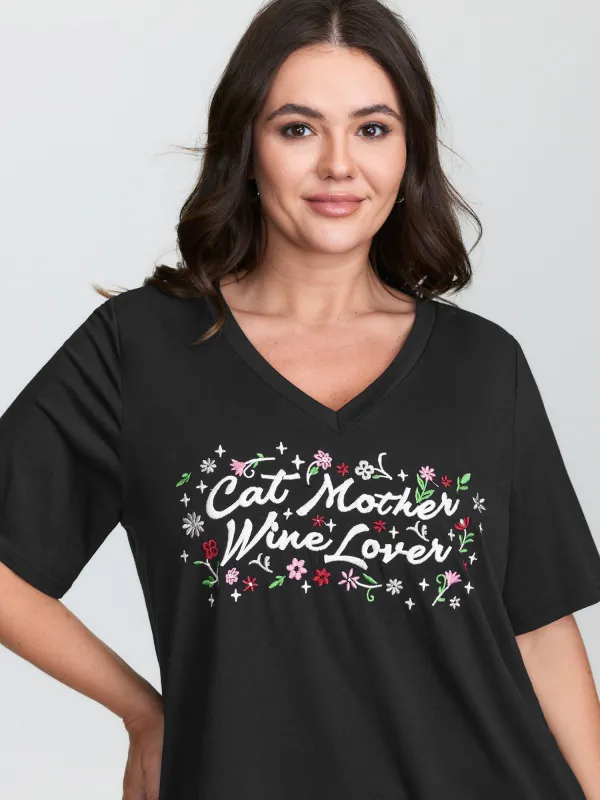 Cat Mother Motif Embroidery T-Shirt sold by Bloomchic